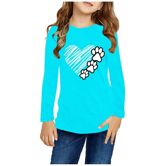 Blczomt Long Sleeve Girls Shirts Cute Blue Graphic T-Shirts Love Heart Print Crew Neck Fall Winter Little Girl Clothes