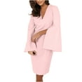 thumbnail image 1 of Blczomt Long Sleeve Holiday Dresses for Women Pink Dressy Casual Midi Plain Sheath V Neck Bodycon Elegant Dress, 1 of 5