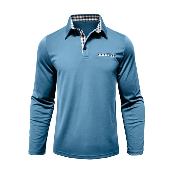 Blczomt Long Sleeve Polos for Men Blue Polo Collared Dress Shirt Plain Soft Clothes Men