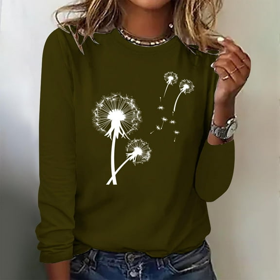 Blczomt Long Sleeve Shirts for Women 2025 Green Graphic Loose Fit Tees Fall Crew Neck Pullover Peasant Blouses for Women