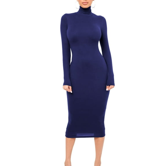 Blczomt Long Sleeve Winter Dresses for Women Blue Dressy Casual Midi Plain Sheath Solid Mock Neck Formal Dress