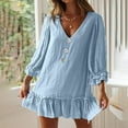 thumbnail image 1 of Blczomt Long Sleeve Winter Dresses for Women Casual Blue Mini Plain A Line V Neck Flowy Button Dresses, 1 of 6