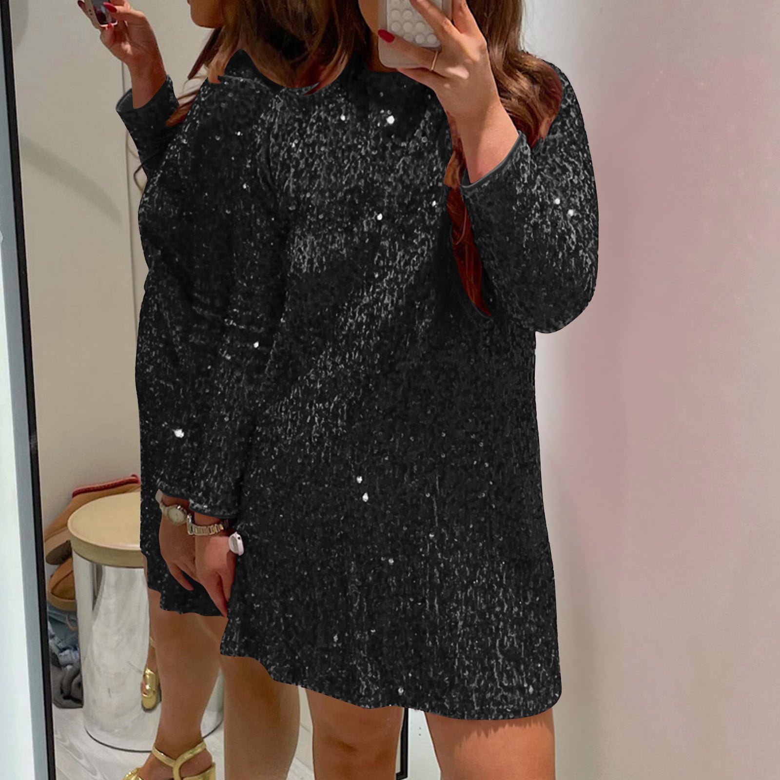 Blczomt Long Sleeve Women Dresses Plus Size Mini Black Dress Crew Neck Casual Loose Sequin Dress, Women's, Size: 4,6,8,10,12,14,16,18,20
