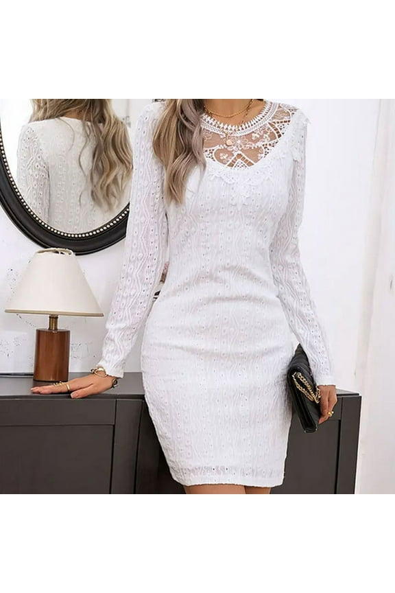 Long Sleeve Women's Dress Lace White Party Bodycon Solid Color Elegant Mini Dress