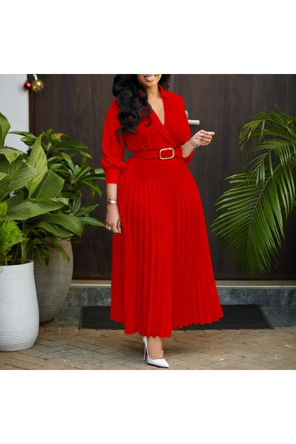 Long Sleeve Womens Dress Plus Size Cotton Red Dresses Dressy Casual Elegant Solid V Neck Dresses