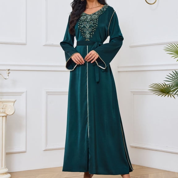 Blczomt Long Sleeve Womens Dresses Muslim Plus Size Green Dress Loose Casual Solid Color Crewneck Dresses