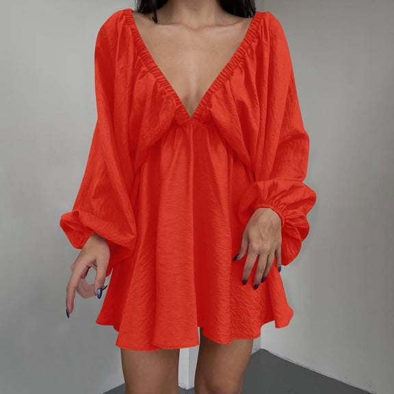 Blczomt Long Sleeve Womens Holiday Dress Plus Size Mini Red Dress Ruffle Hem Casual V Neck Dresses