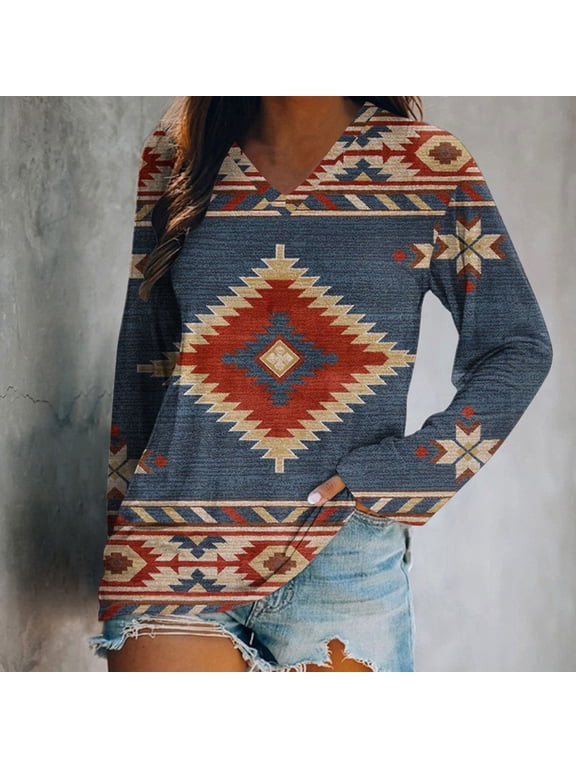 Long Sleeve Womens Tops Plus Size Tunic Blue Western Shirts V Neck Fashion Aztec Blouses for Women