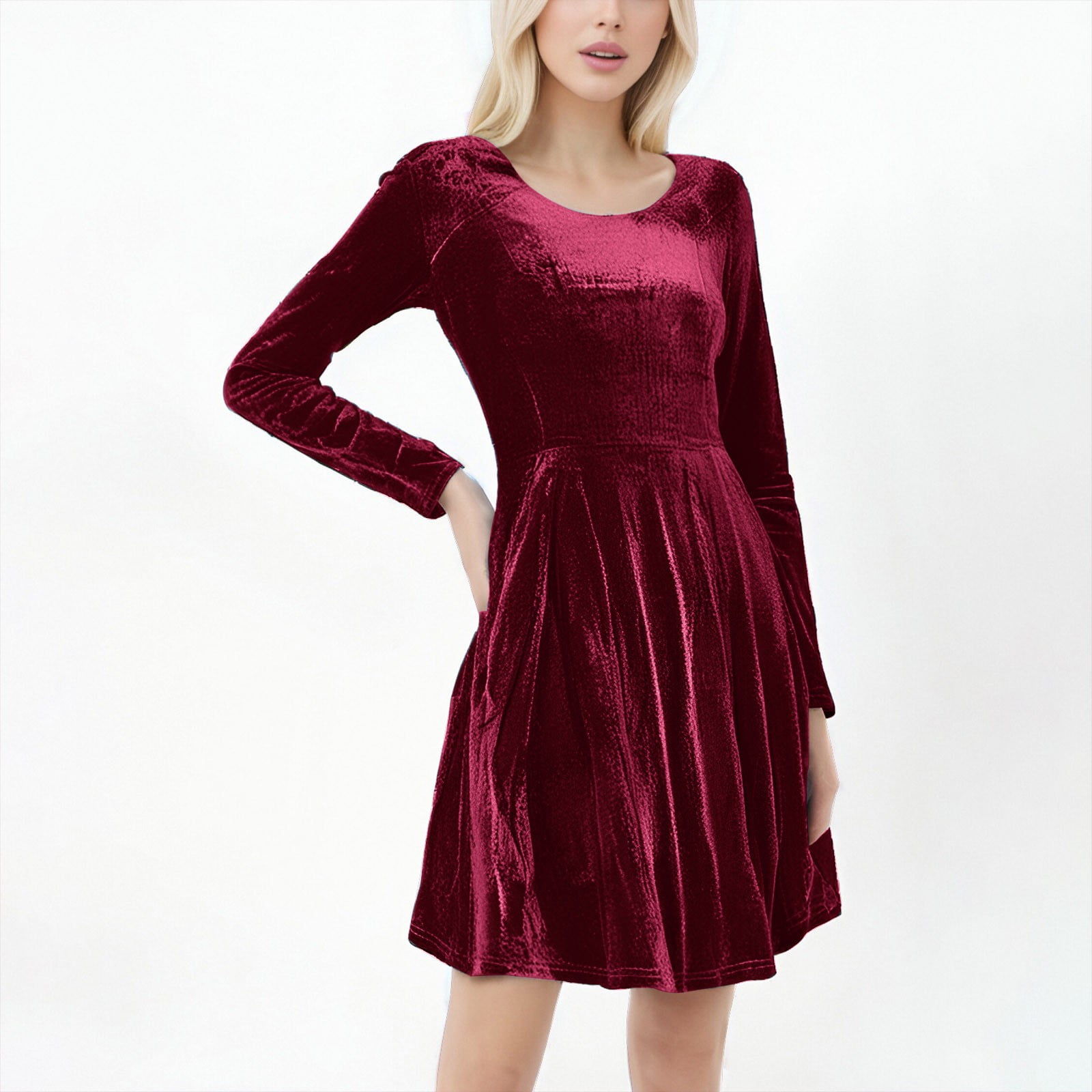 Blczomt Long Sleeve Womens Y2K Dresses Flowy Midi Red Velvet A Line Dressy Formal Solid Crew Neck Dress, Women's, Size: 4,6,8,10,12,14,16,18,20