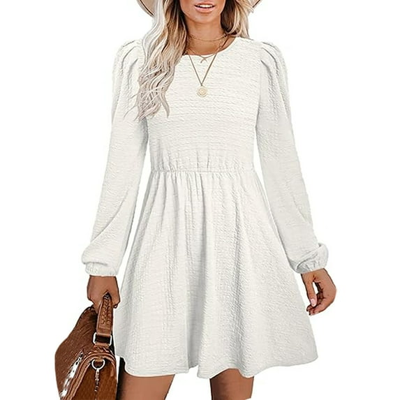 Blczomt Long Sleeve Womens Y2K Dresses Plain Loose White Midi A Line Crew Neck Flowy Trendy Dress