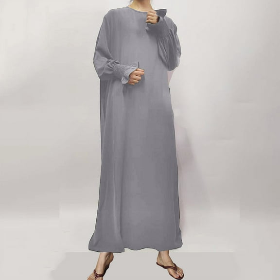 Blczomt Long Sleeve Womens Y2K Dresses Plus Size Gray Maxi Dress Crew Neck Casual Solid Muslim Dresses
