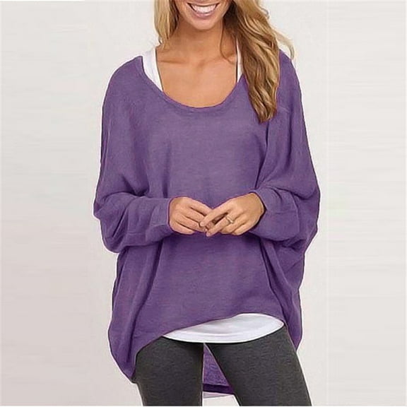 Blczomt Loose Fit Women Tops Under $5 Purple Plain Shirt Batwing Sleeve High Low Crewneck Blouses for Women L