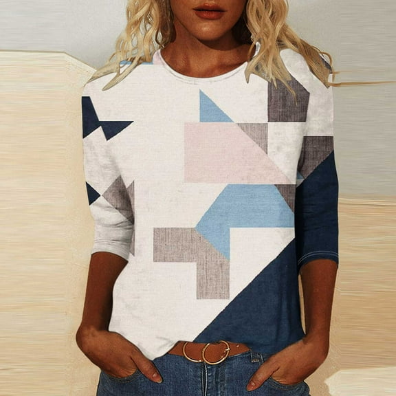 Blczomt Loose Fit Womens Tops Long Sleeve Blue Graphic T Shirts Crew Neck Casual Fashion Blouses Women