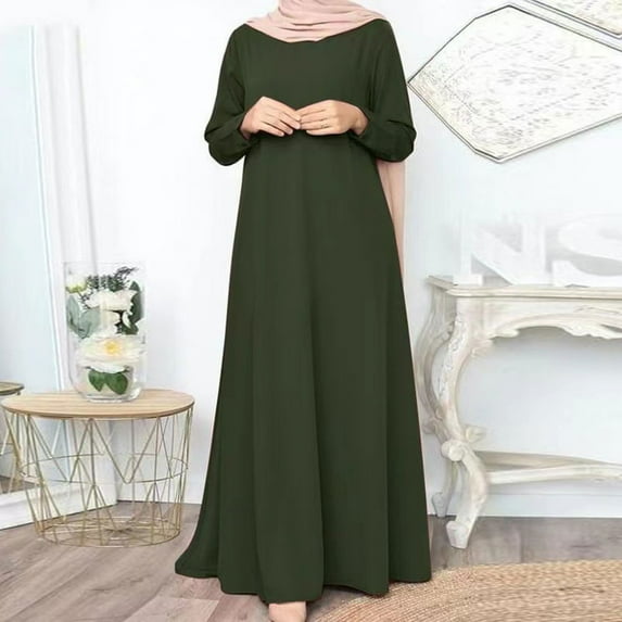 Blczomt Loose Winter Dresses for Women Muslim Long Sleeve Green Plain A Line Crewneck Basic Maxi Dress