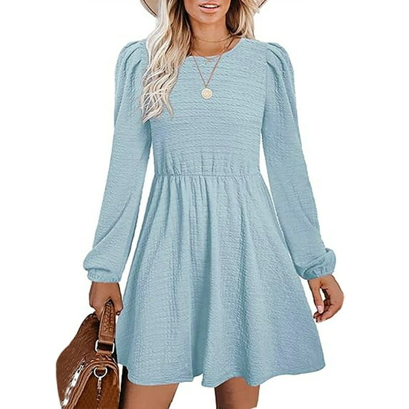 Blczomt Loose Winter Dresses for Women Plain Blue Midi Long Sleeve A Line Flowy Crew Neck Trendy Dresses