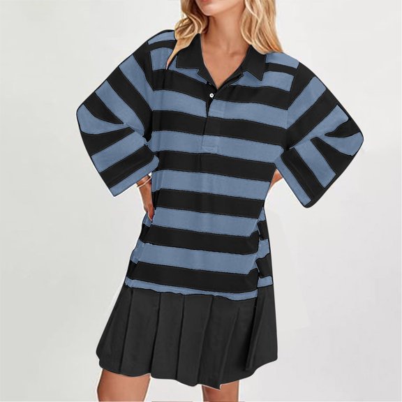 Blczomt Loose Womens Holiday Dress Long Sleeve Striped Mini Blue A Line V Neck Pleated Casual Dress
