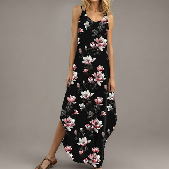 Blczomt Maxi Dresses for Women Summer Floral Sundress Tie Back Spaghetti Straps Side Slit Clothes for Women