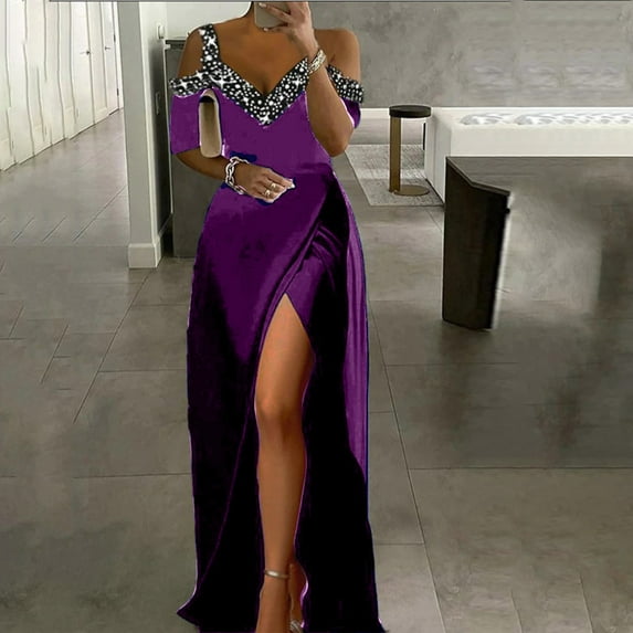 Blczomt Maxi Holiday Dresses for Women 2025 Long Sleeve Dressy Casual Purple Dresses Cocktail Off Shoulder Plus Size Dress