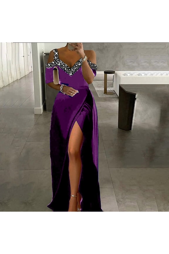 Maxi Holiday Dresses for Women 2025 Long Sleeve Dressy Casual Purple Dresses Cocktail Off Shoulder Plus Size Dress