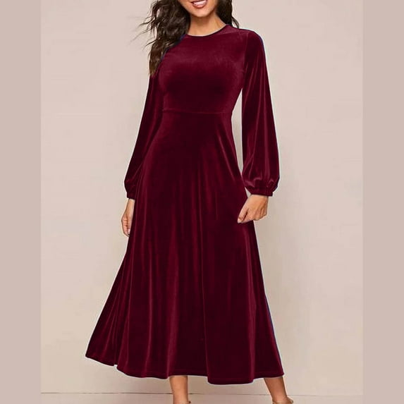 Blczomt Maxi Winter Dresses for Women Plain Velvet Red Long Sleeve Dress Crew Neck Elegant Dressy Dresses