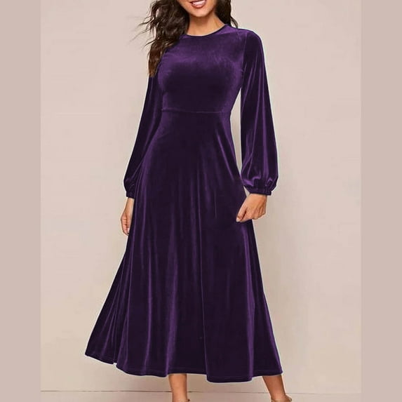Blczomt Maxi Women's Dresses Plain Velvet Purple Long Sleeve Dress Dressy Crew Neck Elegant Dresses