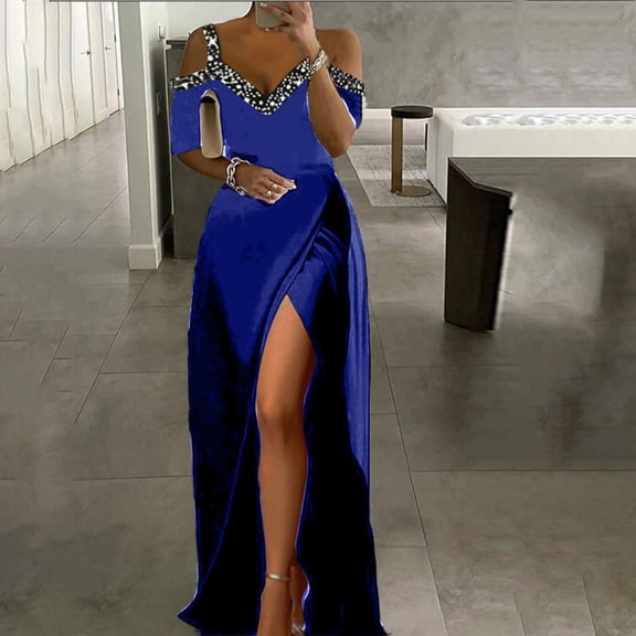 Blczomt Maxi Womens Holiday Dresses 2025 Long Sleeve Dressy Casual Blue Dresses Plus Size Off Shoulder Cocktail Dress