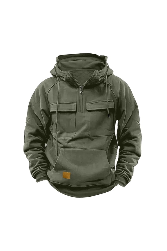 Men Hoodie Half Zip Long Sleeve Pullover Drawstring Tactical Sweatshirt Gray Pockets Mens Clothing