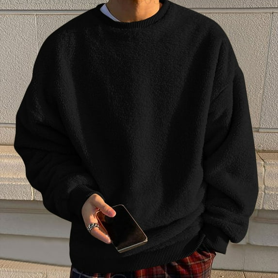 Blczomt Men Sweatshirts Pullover Long Sleeve Plain Fleece Sweatshirt Crew Neck Black Trendy Casual Clothes