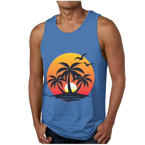 Blczomt Men Tank Tops Sleeveless Gym Tees Blue Beach Graphic Muscle Workout Tank
