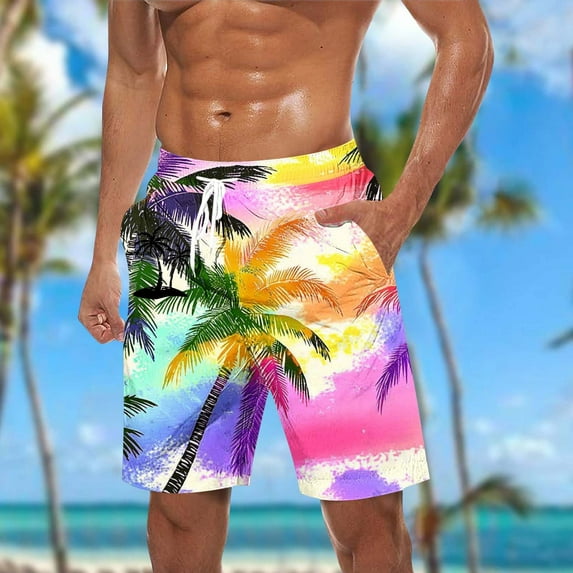 Blczomt Men's Shorts Casual Beach Summer Print Elastic Waist Vacation Drawstring Men's Shorts,L