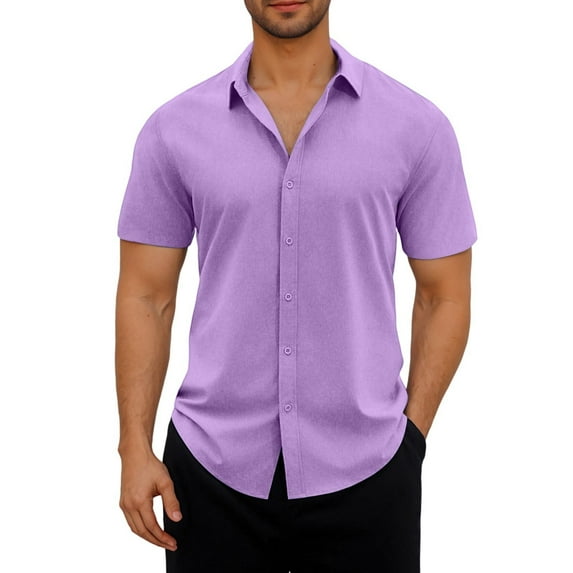 Blczomt Mens Big and Tall Button Down Shirt Clearance Collared Plain Button-Up Shirt Purple Summer Beach Casual Fashion