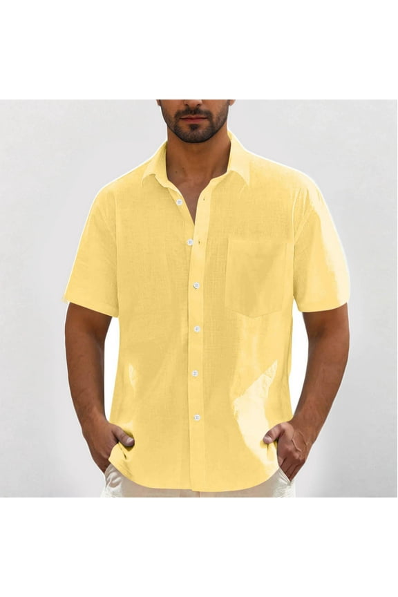 Mens Big and Tall Button Down Shirt Plain Casual Shirts Button-Up Yellow Solid Color Summer Beach Linen Shirt