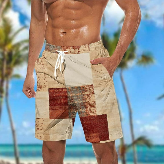 Blczomt Mens Casual Shorts Summer Beach Elastic Waist Brown Lightweight Pockets Plaid Shorts,XXL