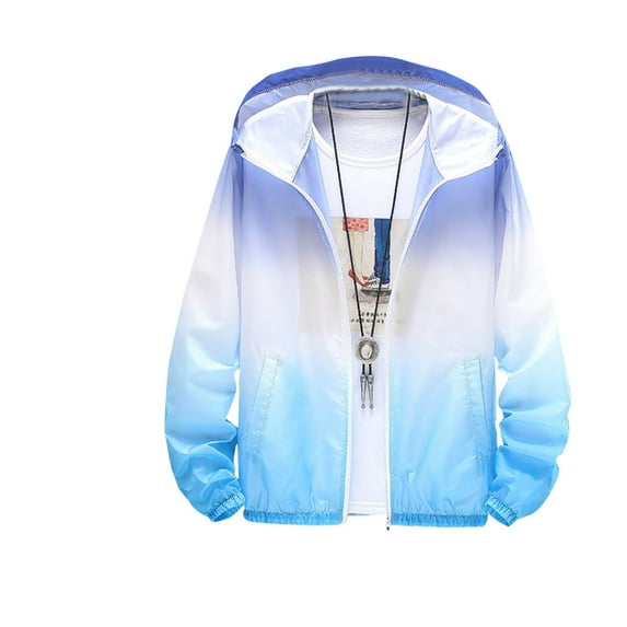 Blczomt Mens Jacket Big and Tall Blue Windbreaker Zip Up Jacket Gradient Hooded Lightweight Man Coat for Winter L