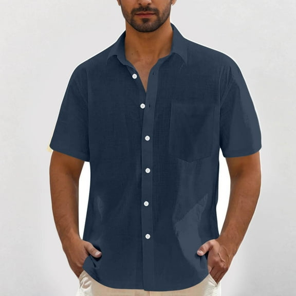 Blczomt Mens Shirts Casual Plain Short Sleeve Button Down Shirts Blue Linen Button-Up Summer Beach Solid Color Tops