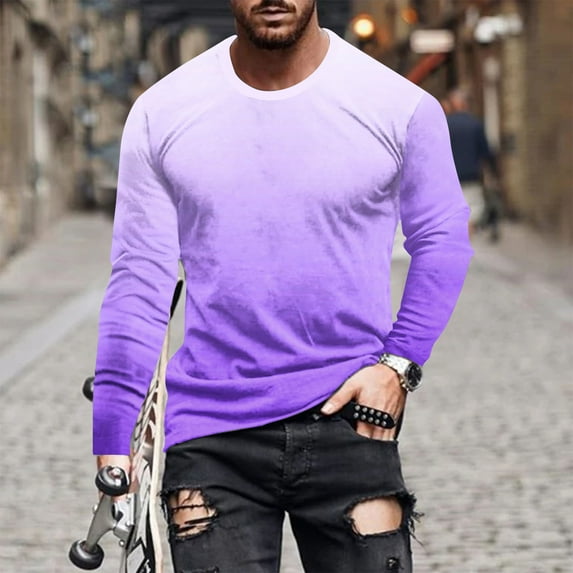 Blczomt Mens Shirts Trendy Long Sleeve Purple Gradient Crew Neck Pullover S