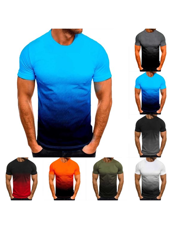 Mens Shirts Blue Short Sleeve Gradient Crew Neck T Shirt 2xl