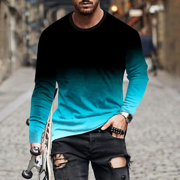 Blczomt Mens Shirts Long Sleeve Blue Gradient Crew Neck Pullover L