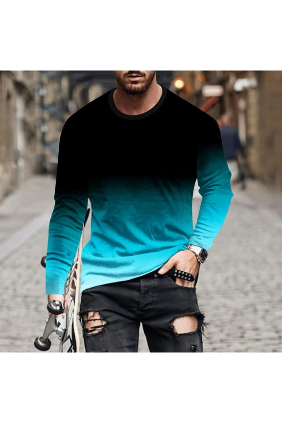Blczomt Mens Shirts Long Sleeve Blue Gradient Crew Neck Pullover L