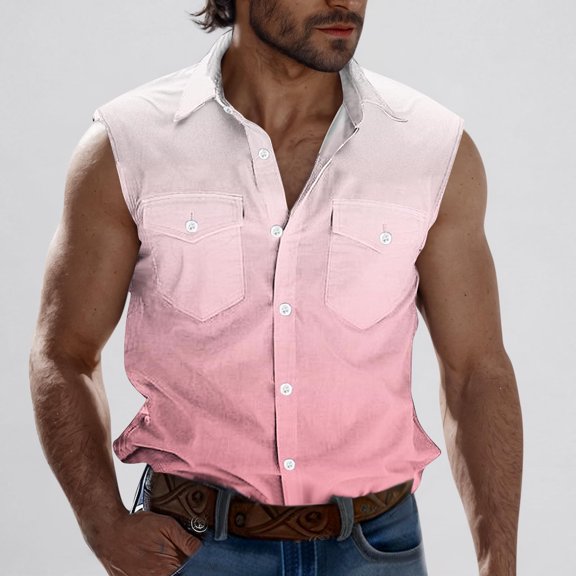 Blczomt Mens Sleeveless Shirts Button Down Tank Tops Collared Beach Vacation Gradient Pink Men Shirt