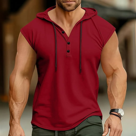Blczomt Mens Sleeveless Shirts Workout Summer Hoodie Red Gym Casual Button Men's Clothing