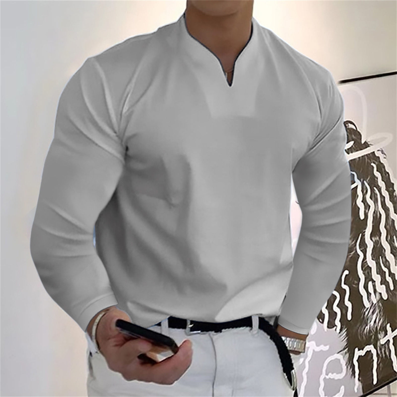 Blczomt Mens T-Shirts Clearance Under $5 Gray Long Sleeve V