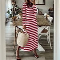 thumbnail image 1 of Blczomt Midi Dress Women Long Sleeve Striped Red Casual A Line Color Block Loose Fit V Neck Dress, 1 of 5