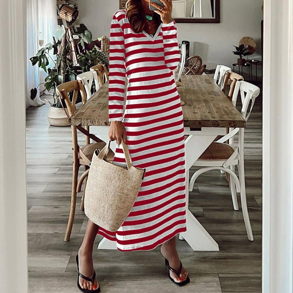 Blczomt Midi Dress Women Long Sleeve Striped Red Casual A Line Color Block Loose Fit V Neck Dress