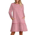 thumbnail image 1 of Blczomt Midi Dress Women Long Sleeve Striped Red Casual A Line Crewneck Loose Flowy Dresses, 1 of 6