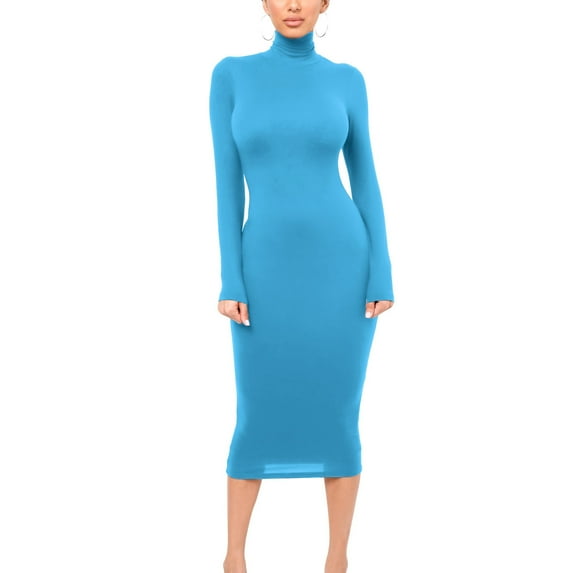 Blczomt Midi Dress for Women Plain Blue Long Sleeve Dressy Casual Sheath Formal Mock Neck Solid Dress