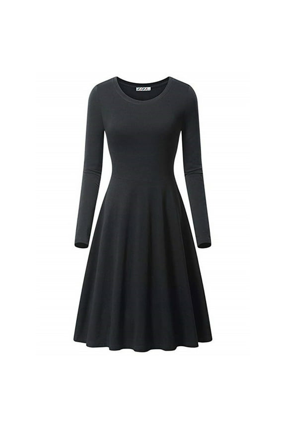 Midi Dress for Women Plain Long Sleeve Dressy Casual Black A Line Formal Crew Neck Elegant Dress