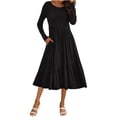 thumbnail image 1 of Blczomt Midi Women Dresses Flowy Black Long Sleeve A Line V Neck Solid Color Tiered Pleated Dress, 1 of 5