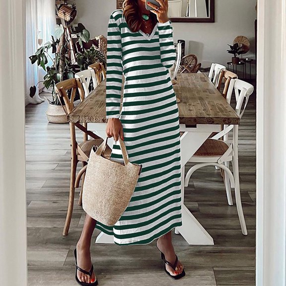 Blczomt Midi Women Dresses Striped Long Sleeve Casual Green A Line V Neck Color Block Loose Fit Dress