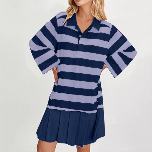 Blczomt Mini Dress for Women Purple Loose Long Sleeve Striped A Line V Neck Pleated Casual Dresses